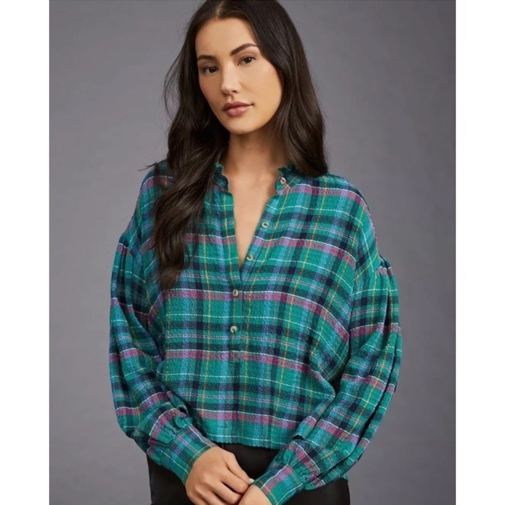 Anthropologie Pilcro Green Plaid Puff‎ Sleeve Button Down Shirt Size Small